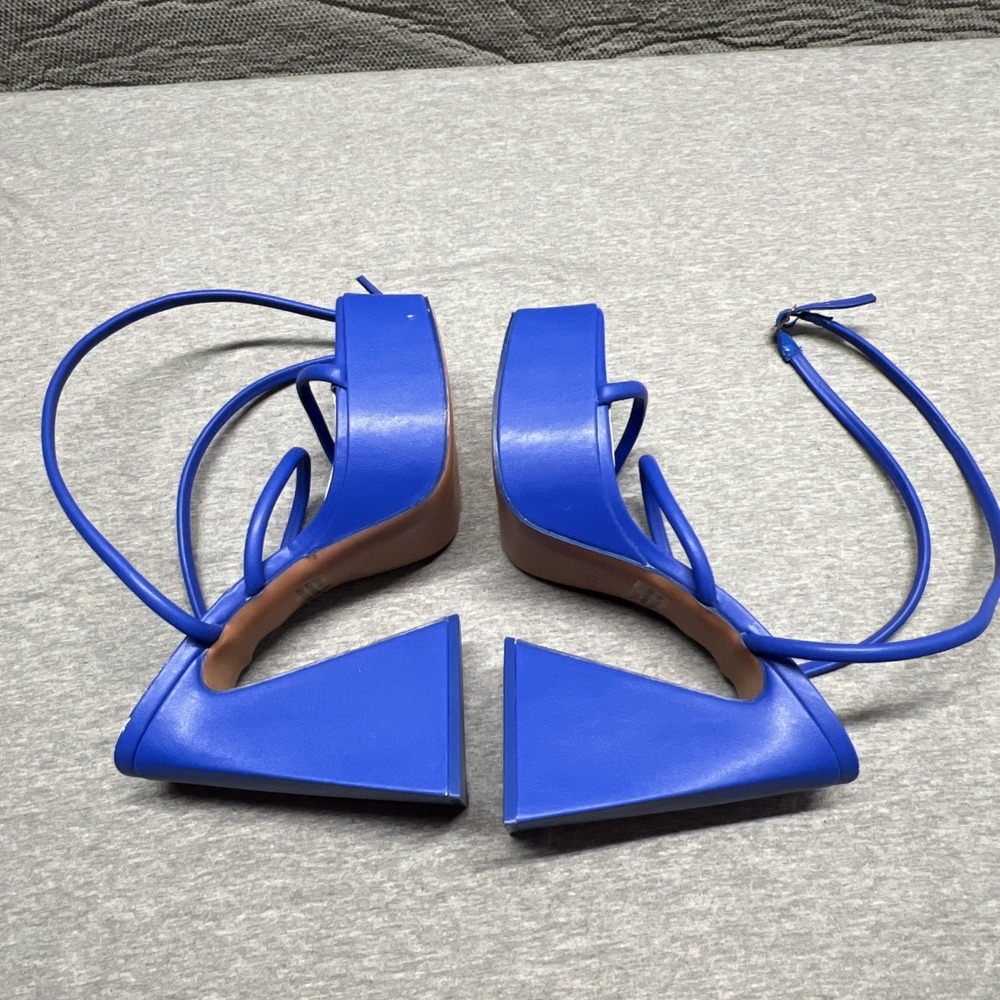 Mixx Shuz Platforms Blue Satin Heels Shoe  Women's Size 8.5 Ankle Wrap Straps - Picture 10 of 14